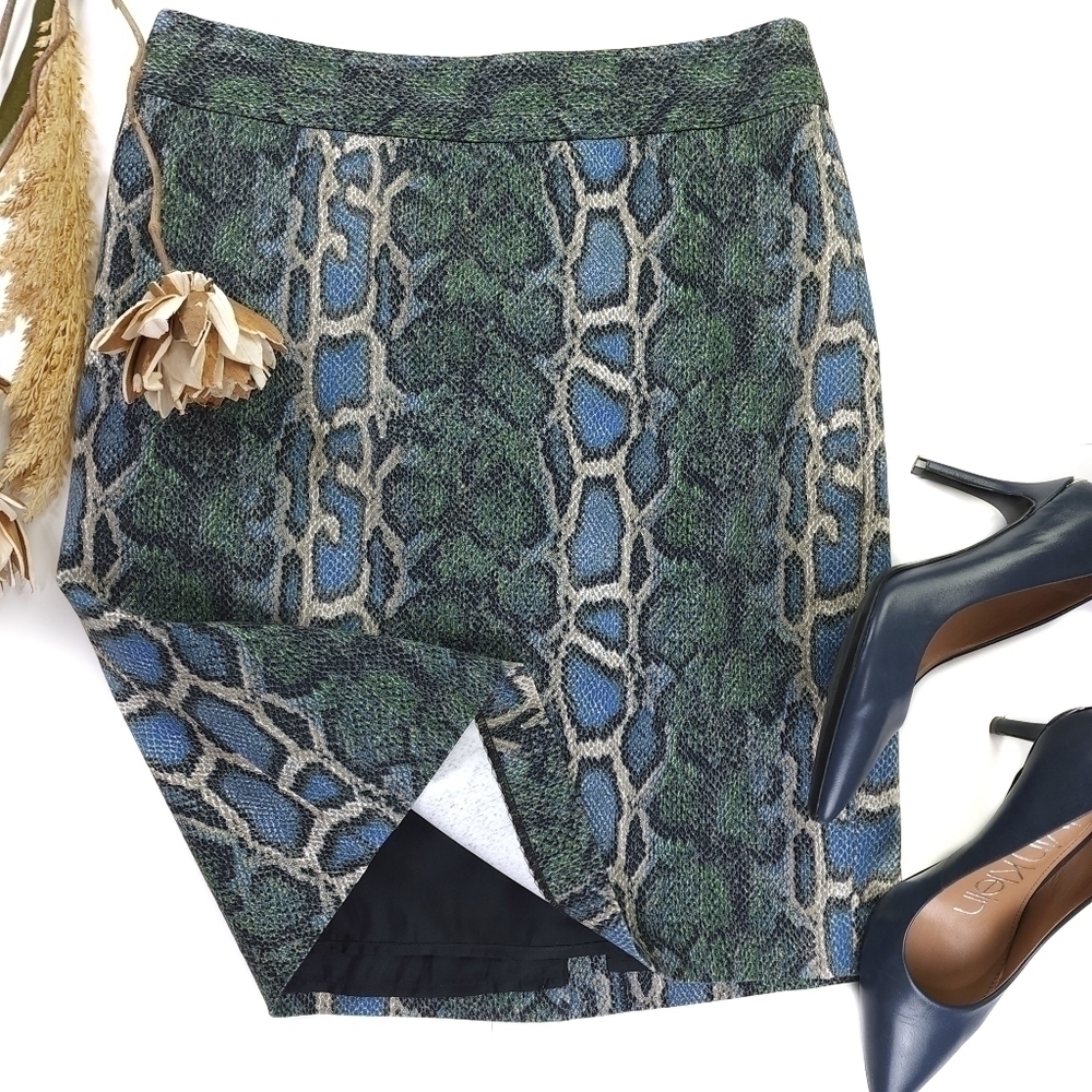 Loft Blue Green Snakeskin Print Cotton Skirt Sz 2 - Picture 7 of 8